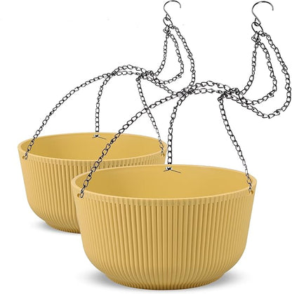 Dexceder 11.2 Inch Self Watering Hanging Planters Indoor Outdoor, Thickened Hanging Basket Flower Plant Pot (2 Pack, Yellow)