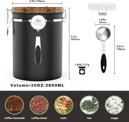 35OZ Coffee Canister for ground coffee with Date Tracker,Wood grain lid 304 Stainless Steel Kitchen Food Airtight storage container for Coffee Beans or Grounds, Tea, Sugar(35oz-grain)
