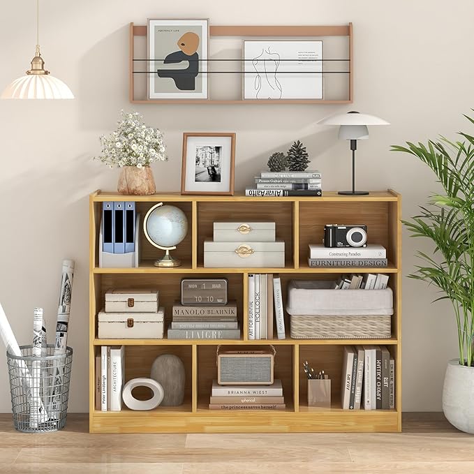 Tangkula 8-Cube Bookcase, Wood 3 Tier Open Storage Bookshelf, Modern Multipurpose Display Cabinet for Living Room, Study, Reading Nook, 48 x 12.5 x 36.5 Inch, Burlywood