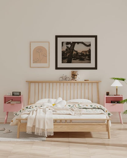 Nightstand,Modern Bedside Table with Storage Drawer and Open Wood Shelf, Accent Night Stand with Solid Wood Legs for Living Room, Bedroom and Small Spaces,Easy Assembly (Pink)