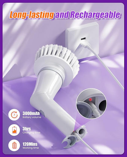 Electric Spin Scrubber, Cordless Shower Scrubber Rotary Floor Brushes & Pad Drivers with 6 Brush Heads - 2H Dual Speed, IPX7 Waterproof Extension Handle for Bathroom Tile Car Cleaning (White)