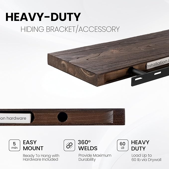 Fun Memories Floating Shelves for Wall, 55"x9.3" Rustic Solid Elm Wood Shelves, Heavy-Duty Wall Mounted Shelves with Invisible Brackets for Living Room, Bedroom, Kitchen, Walnut Finish