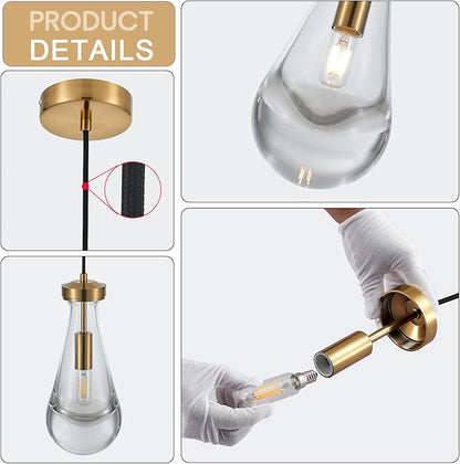 Raindrop Pendant Light Fixtures Set of 3, Brass Glass Pendant Lighting, Teardrops Modern Hanging Light for Entryway Foyer Kitchen Island Dining Living Room Hallway