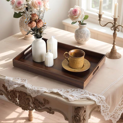 Acacia Wood Serving Tray with Handles, 17 Inch Wooden Tray for Ottoman, Breakfast, Lunch, Dinner, Decorative Rectangular Tray for Living Room, Kitchen Counter, Outdoor