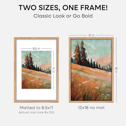 Homeforia 12x18 Picture Frame Wood, High End Natural Oak 12x18 Light Wooden Poster Frame with Mat 8.5x11, 12 x 18 Frames Matted to 8.5 by 11 Photo, 18x12 Thin Frame, Tempered Glass, Wall Kit, Set of 1