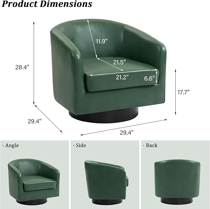 Swivel Barrel Accent Chair, Modern Round Faux Leather Arm Chair for Living Room, Bedroom, Comfy Club Reading Chairs for Adults(Faux Leather, Green, Set of 4)