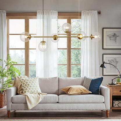 KCO Lighting 6 Light Bubble Chandelier Lighting Clear Glass Globe Chandelier Brass Gold Linear Pendant Light Mid Century Modern Pendant Light for Living Room Kitchen Island Dining Room