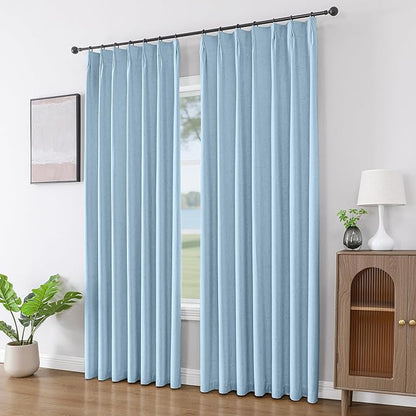 Joydeco 100% Blackout Pleated Curtains, Linen Window Curtains 2 Panel Sets 108 inches Long, Thermal Insulated Darkening Drapes for Bedroom(Chambray Blue,40'' Wx108'' L)