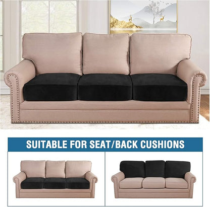 H.VERSAILTEX Velvet Stretch Couch Cushion Cover Plush Cushion Slipcover for Chair Loveseat Sofa Cushion Furniture Protector Seat Cushion Sofa Cover (3 Piece XL Sofa Cushion Covers, Black)