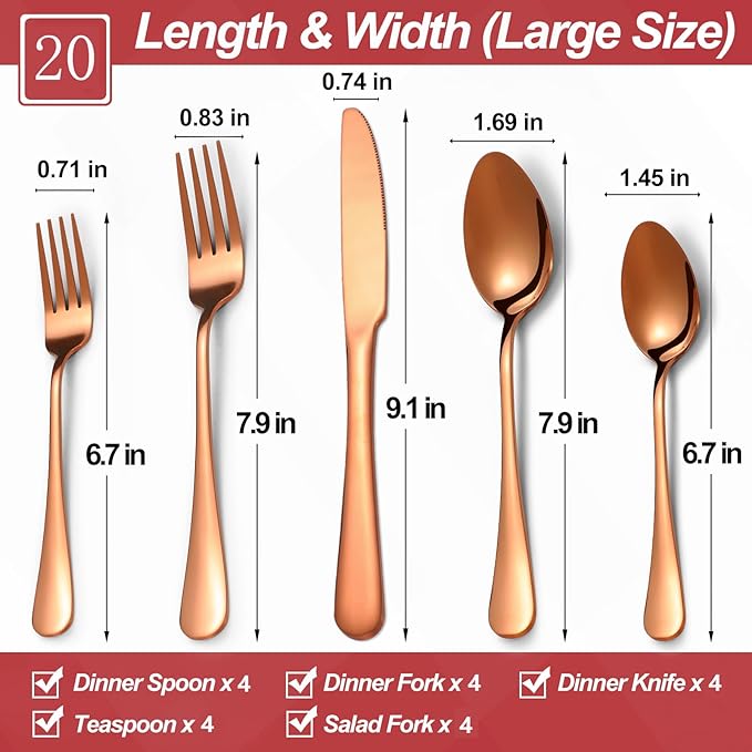 20 Pcs Rose Gold Silverware Set for 4, Food Grade Stainless Steel Flatware Set, Eating Utensils Sets Include Fork/Knife/Spoon,Home Kitchen Tableware Set, Reusable Cutlery Set, Dishwasher Safe