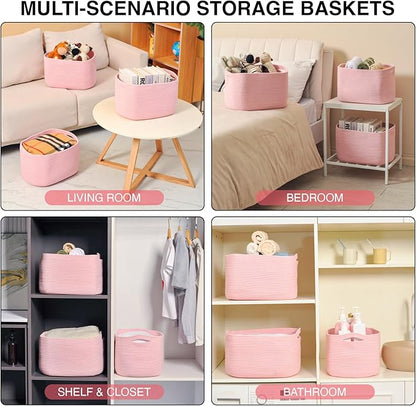 Storage Baskets for Organizing Shelves, Pink Basket for Nursery, Woven Cotton Rope Baskets for Storage, Towel Basket for Bathroom, 15"x11"x9.5", 3 Packs, Light Pink