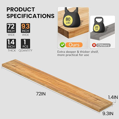 Fun Memories Floating Shelves for Wall, 72"x9.3" Rustic Solid Elm Wood Shelves, Heavy-Duty Wall Mounted Shelves with Invisible Brackets for Living Room, Bedroom, Kitchen, Natural Finish