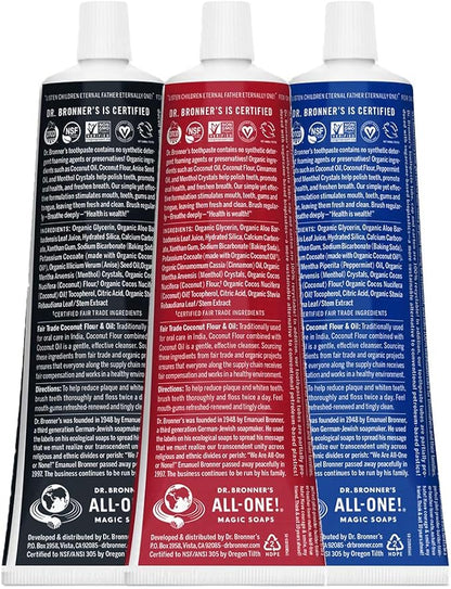 Dr. Bronner’s All-One Toothpaste 3-Pack Variety– (Peppermint, Cinnamon, Anise, 5oz Each)– 70% Organic Ingredients, SLS Free Toothpaste, Fluoride Free, Natural, Vegan, Gentle for Sensitive Teeth