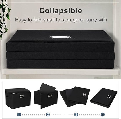 Large 17" 36 Quart Collapsible Stackable Storage Bins with Lids, 3 Packs Black Linen Fabric Closet Boxes with Lids, Storage Cube Baskets Container Organizers for Bedroom Office(17 x12 x11)