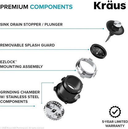 KRAUS WasteGuard 1/3 HP Ultra-Quiet Garbage Disposal with Quick Connect, Kitchen Sink Drain Cover, Power Cord and Flange Included, KWD100-33MBL