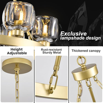 Gold Wagon Wheel Chandelier, 36 Inch Brass Chandeliers with Unique Glass Shade, 9-Light Crystal Farmhouse Wagon Wheel Chandeliers for Dining Room, Round Chandelier for Living Room, Foyer, Entryway