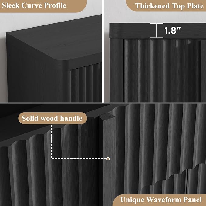 Buffet Cabinet with Storage, 120" Fluted Coffee Bar with 8 Drawers & 4 Doors, Modern Sideboard Buffet with Solid Wood Handle, Credenza Storage Cabinet for Living Room Kitchen Dining Room, Black(2PCS)