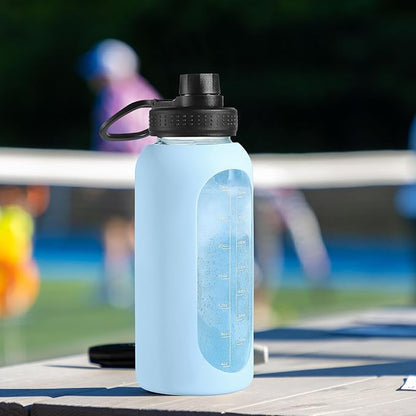 32 oz Glass Water Bottle with Straw and Handle, Sports Motivational Water Flask with Silicone Sleeve, Large Leakproof Water Flask Cup with Time Marker for Travel, Gym, Blush