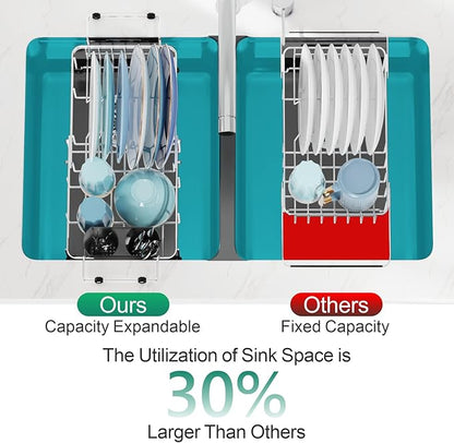 GSlife Expandable in Sink Dish Drying Rack Small with Silicone Mat - Stainless Steel Capacity Adjustable Over The Sink Dish Rack with Utensil Holder for Counter or Inside Sink (12.4" -16.8"), Silver
