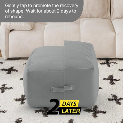 MeMoreCool Square Stuffed Pouf Ottoman Foot Rest, Floor Pouf Foot Stool with Foam Chunk Filling, Soft Stuffed Ottoman Footrest for Living Room, Light Grey