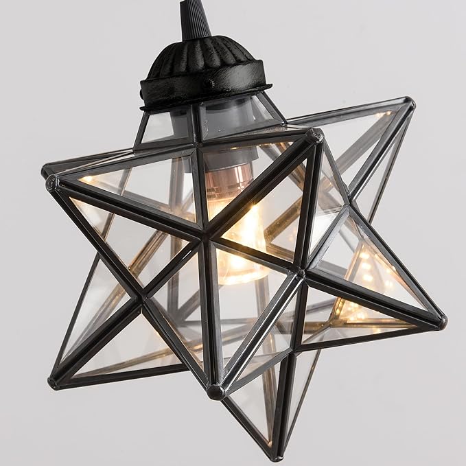 Farmhouse Modern Glam Chandelier Dining Room Clear Glass Star Pendants Light Fixture Kitchen Island LED Ceiling Hanging Lights Included Warm Light Bulbs Black