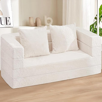 Folding Bean Bag Chair for Adults,3-in-1 Bean Bag Couch Faux Fur Floor Sofa Large Beanbag Convertible Bean Bag Sofa Bed with Pillow in Bedroom,Living Room,Apartment(Queen,Milky White)