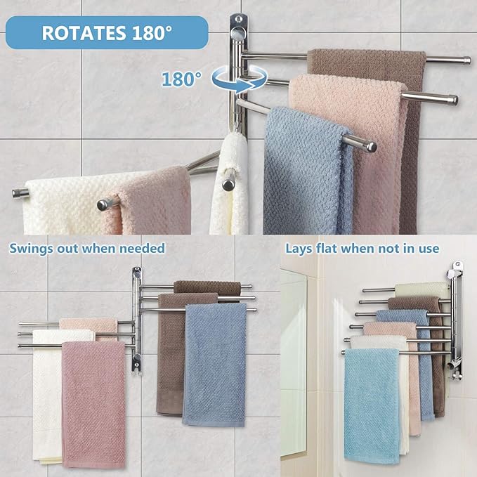 Towel Rack Wall Mounted JSVER Bathroom Towel Rack, Space Saving Towel Holder, Swivel SUS304 Stainless Steel Towel Bar, 180° Rotation 6 Arms Towel Racks for Bathroom
