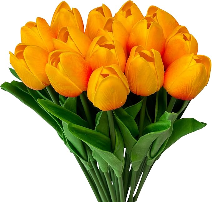 15 Heads Artificial Flowers PU Real Touch Tulip Bouquets Orange Tulips Faux Tulips Latex Fake Flower Bouquet for Spring Wedding Home Décor Centerpiece Arrangements
