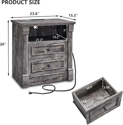 26" Tall Farmhouse Nightstand, 2 Drawers End Table w/Charging Station, 23.6" Wide Large Side Table w/Roman Column, Wood Rustic Sofa Table w/Open Shelf, Bedside Table for Bedroom, Light Gray