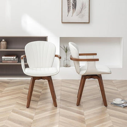 LUNLING Swivel Dining Chairs, Mid Century Modern White Faux Leather Kitchen Chairs with Arms,Bamboo Legs Side Chairs No Wheels,Accent Chair for Dining Rooms and Offices,1PCS