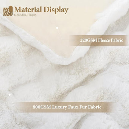 Touchat Luxury 1000GSM Rabbit Faux Fur Twin Blanket, Super Heavy Warm Cozy Beige Cream Blankets for Couch Bed Sofa, Ruched Plush Fuzzy Elegant Soft Reversible Mink Blanket for Living Room Bedroom