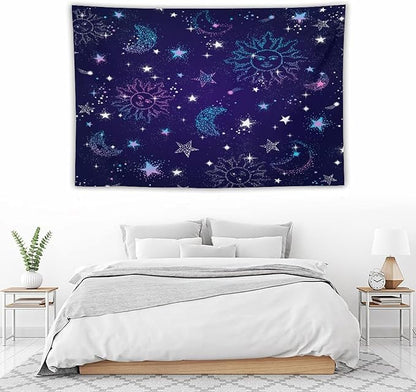 HZOHNAGO Boho Sun Moon Tapestry Purple Blue Sun Stars Galaxy Pattern Printed Wall Tapestry Wall Hanging for Bedroom Living Room Dorm 90" W x 60" H