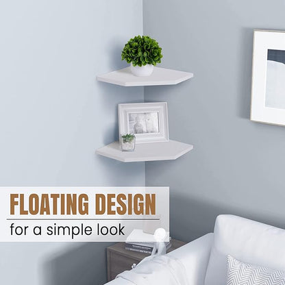 Corner Shelf Wall Mount, Floating Corner Shelves, Set of 2 Corner Wall Shelf Organizer, Rustic Wood Wall Storage Display Shelves for Living Room Bedroom Bathroom Kitchen, Rustic White
