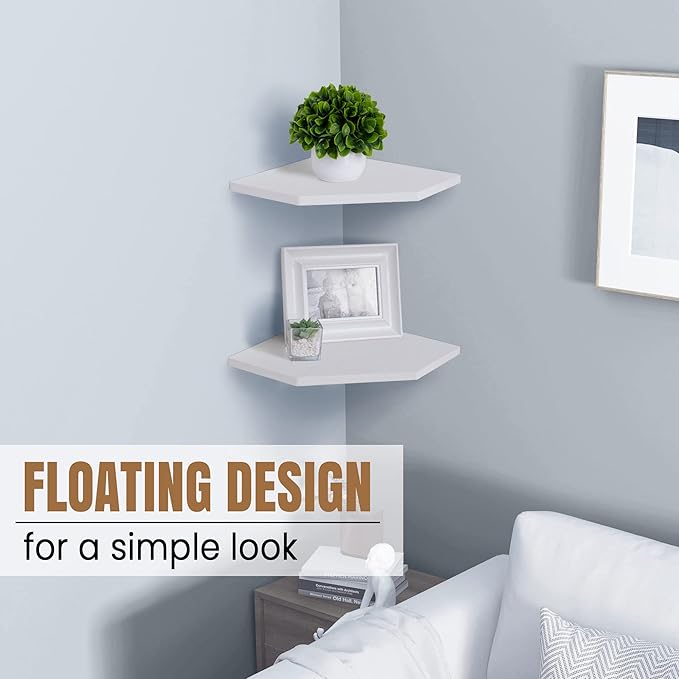 Corner Shelf Wall Mount, Floating Corner Shelves, Set of 4 Corner Wall Shelf Organizer, Rustic Wood Wall Storage Display Shelves for Living Room Bedroom Bathroom Kitchen, Rustic White