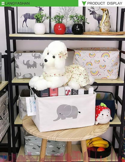 LANGYASHAN Rectangular Storage Bin Collapse Canvas Fabric Cartoon Storage Basket with Handles for Organizing Home Kitchen Boys and Girls Toys Office Closet Shelf Baskets (REC Elephant)