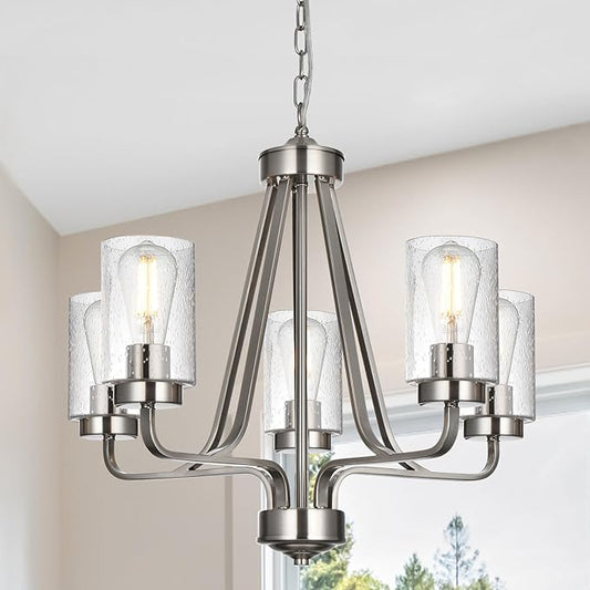 5-Lights Modern Pendant Light Fixtures, Wagon Wheel Dining Room Chandelier in Brushed Nickel, Hanging Ceiling Home Lighting for Foyer Kitchen Bedroom