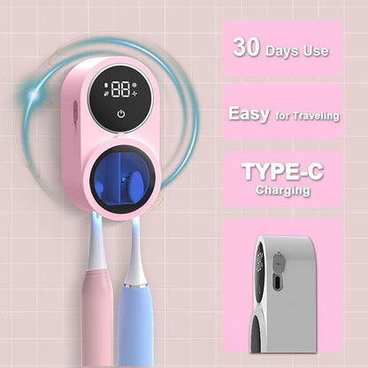 Toothbrush Holder and Cleaner for Bathroom Light Cleaning Fan Drying Round in Circle Automatic Rotating Cover Wall Mounted Smart Home Gadgets (03 Pink)