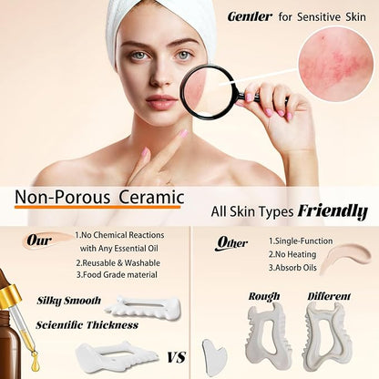 6-in-1 Ceramic Gua Sha Tool for Face & Body - Manual Facial Massage for Lymphatic Drainage, Jaw Lifting, Puffiness Care, Neck Massage for Stress Relief at Home, Self Care Gift for Mum Wife White