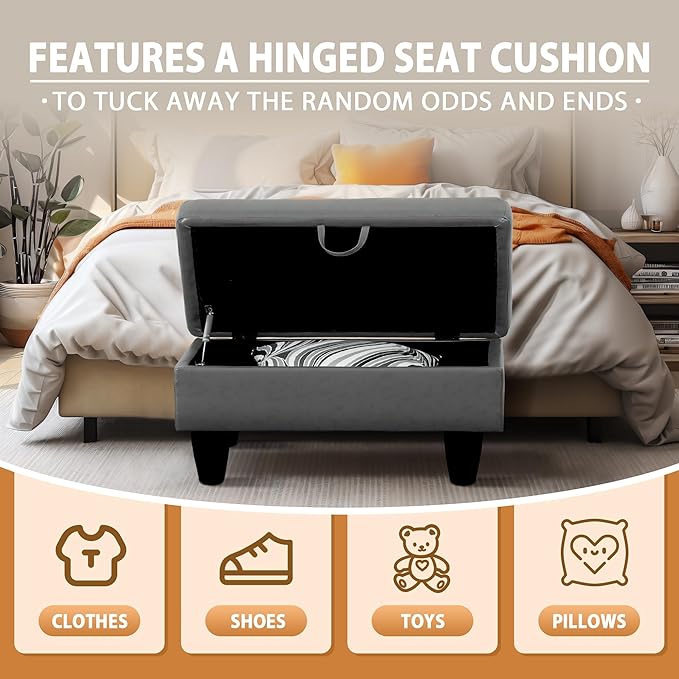 Ottoman Rectangular Storage Ottoman Bench, Faux Leather Footrest, Coffee Table, Stool Footstool with Hinged Lid for Living Room, Bedroom, Entryway, Gray, 28.5"x19"x17.5"