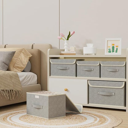 Storage Boxes, Collapsible Storage Bins with Lids, Cotton and linen cloth Storage Baskets with Handle, for Books, Closet, Bedroom, Home, 15x9.8x9.8 in, Grey