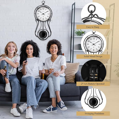 CLXEAST 20 Inch Black Metal Pendulum Wall Clock, Large Schoolhouse Regulator Wall Clocks for Living Room Decor,House Warming Gifts New Home,Gifts for Women