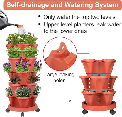 Vertical Planter 5 Tier Stackable Planters Garden Planters Strawberry Herb Flower and Vegetable Planter Indoor Outdoor Gardening Pots with Removable Wheels and Tools 2-Pack