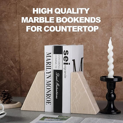 Marble Bookends for Heavy Books, Decorative Book Ends for Shelves, Durable and Heavy-Duty Stone Bookends for Hardback Book & CDS, Unique Book Stopper & Holder, New Jura Beige-Vein, Set of 2
