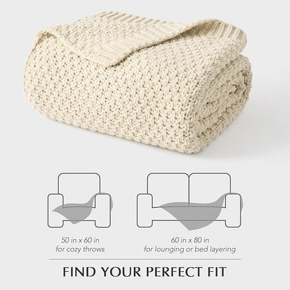 Chunky Chenille Knit Throw Blanket for Couch, Soft Luxurious Moss Stitch Blankets for Bed, Cozy Decorative Farmhouse Knitted Throws for Sofa, Beige, 50" x 60"