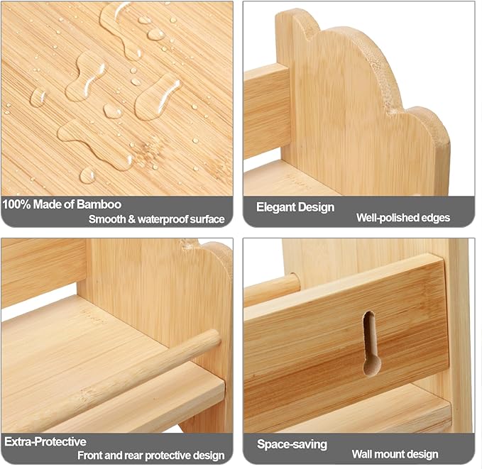 3 Tier Bamboo Spice Rack, Spice Rack Organizer, Seasoning Jars Rack Shelf Spice Organizer for Kitchen Counter or Wall Mounting, Bamboo Spice Storage Holder with handles Easy to Move