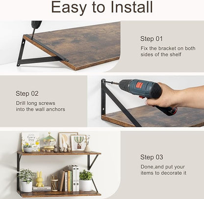 36"W x 10"D Floating Shelves, 10 Inch Deep Floating Shelves, Farmhouse Rustic Deep Wall Shelves for Home Decor, Wide Large Floating Shelf for Bathroom, Living Room, Kitchen, Study Room, Rustic Brown