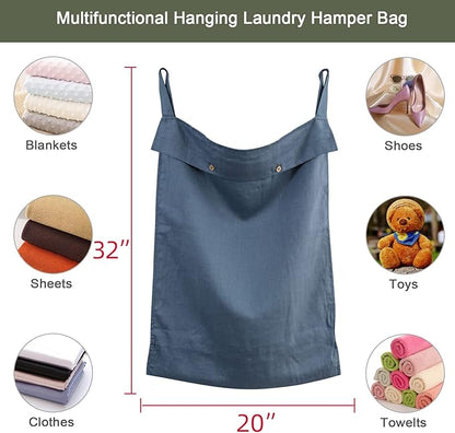 Linen Hanging Laundry Bag, 100% Linen Over The Door Laundry Hamper with Buttons and Zipper, Space Saving Door Hampers for Laundry Dirty Clothes Home Travel, Navy Blue