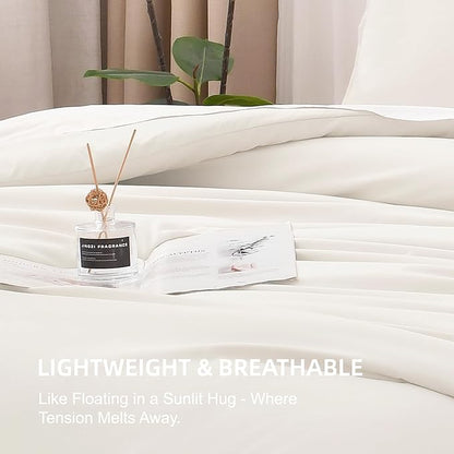Litanika Ivory Comforter Set King Size, 3 Pieces Lightweight Solid Bedding Comforter Set, All Season Fluffy Bed Set (104x90In Comforter & 2 Pillowcases)