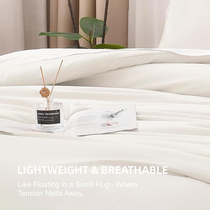 Litanika Ivory Comforter Set Full Size, 3 Pieces Lightweight Solid Bedding Comforter Set, All Season Fluffy Bed Set (79x90In Comforter & 2 Pillowcases)
