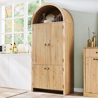 71" Tall Arched Bathroom Storage Cabinet, Modern Fluted Storage Cabinet w/Doors, 3 Adjustable Shelves, 6 Door Shelves, Wood Freestanding Cabinet for Bathroom, Entryway, Hallway, Natural